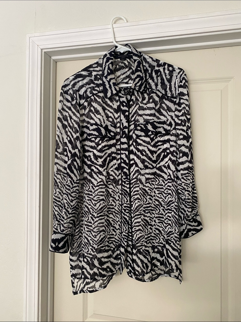 All Saints Black & White Zebra Print Sheer Button-Down Shirt size Large